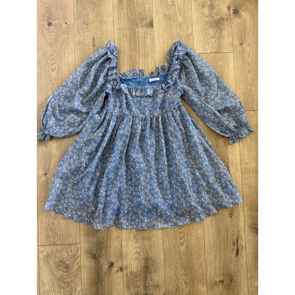 STORIA M Blue Floral Peasant Long Sleeved Baby Doll Summer Dress Summer Western
